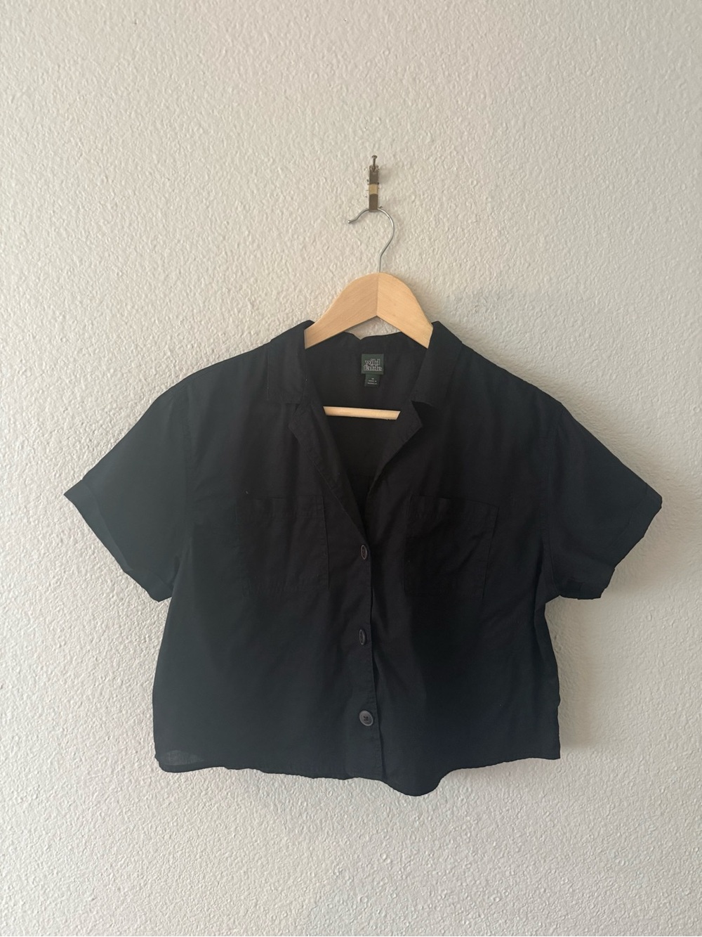 Black Button Up Crop Top 100% cotton Collared